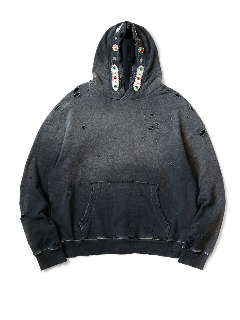 Kapital SWT Knit THRILLER Damaged Hoodie (STUDS) - Black