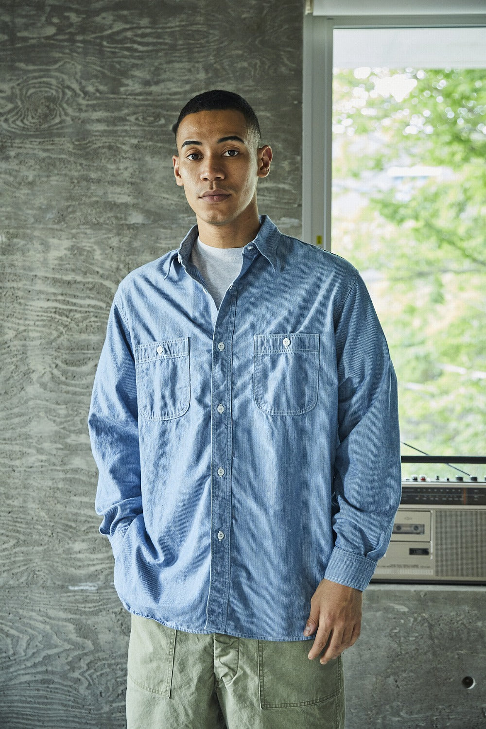 orSlow - Relax Fit Stripe Chambray Work Shirt (Hickory 181