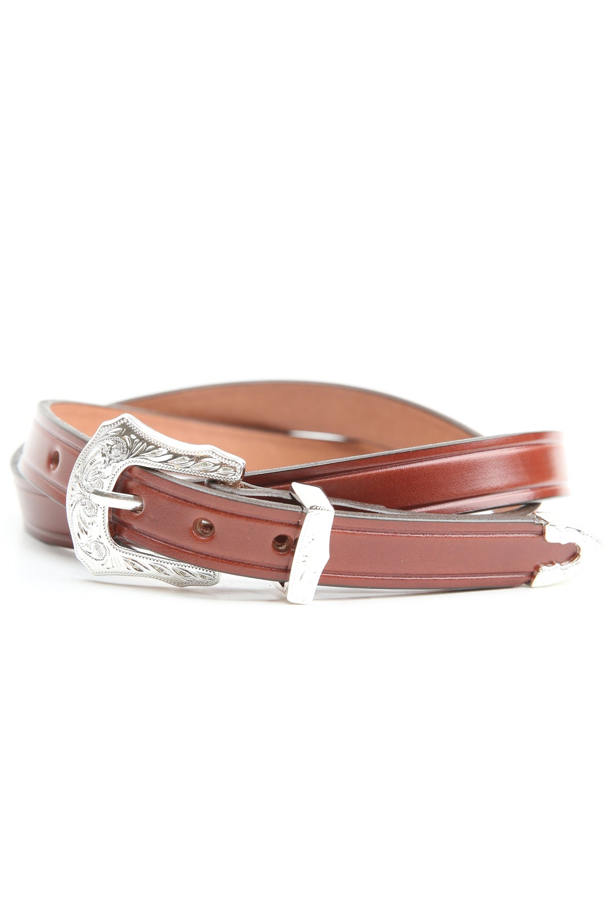 Genuine calfskin cognac leather belt with three-piece silver trim NWOT sz 32 Italian Calf - Cognac w/ Cognac Stitching main image 3