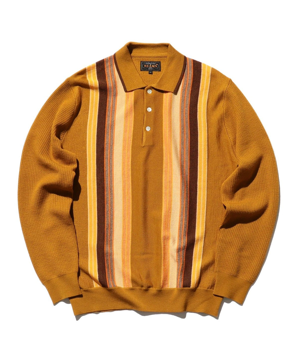 Beams Plus Wool Knit Striped Polo Shirt - Mustard
