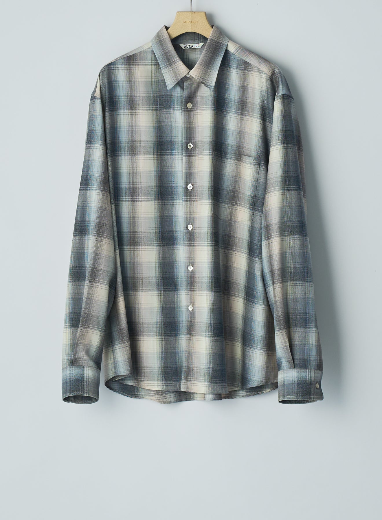 Auralee Super Light Wool Check Shirt - Beige Blue Check - 3