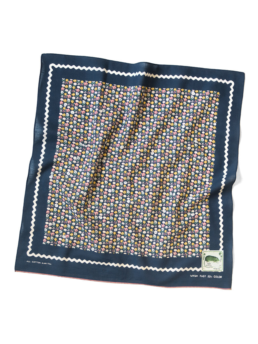 KAPITAL バンダナ 紺色 タトュー　和彫　手彫　レインスカル Kapital Fastcolor Selvedge Bandanna (SKULL & FLOWER) - Navy