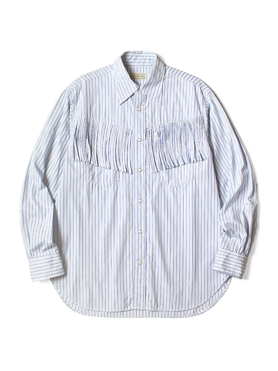 KAPITAL スタンドカラーカットオフシャツ Kapital Cotton Stripe Fringed HUSKY Western Shirt - Big Border