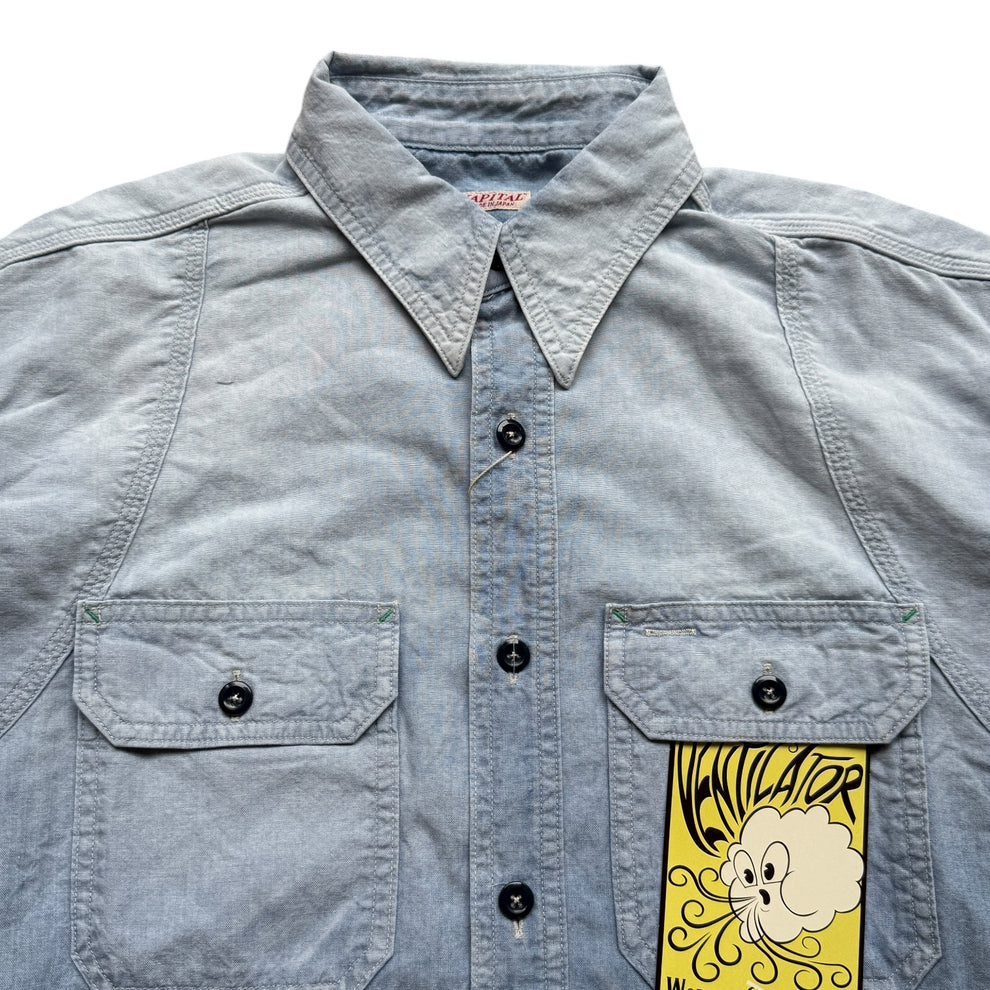 Kapital Chambray 2TONES BONE Patch Ventilator Work Shirt - Sax