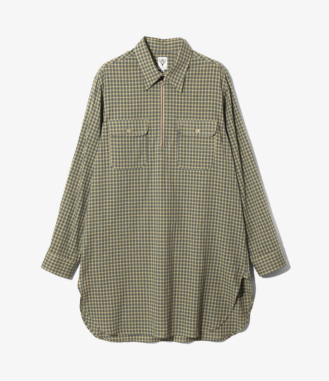 South2 West8 Pullover Long Shirt - Cotton Dobby Cloth / Plaid - Beige/Blue