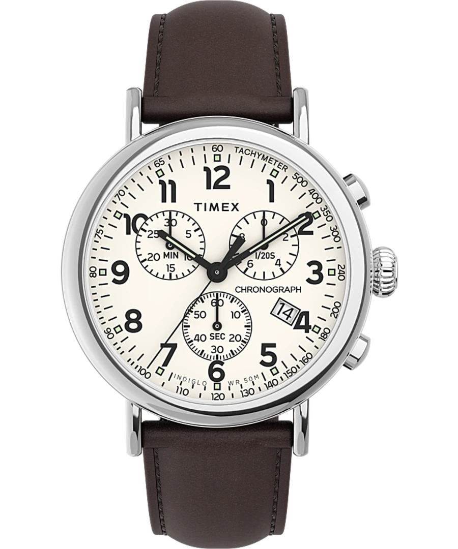 Timex Standard Chronograph mm Leather Strap Watch   Silver Tone