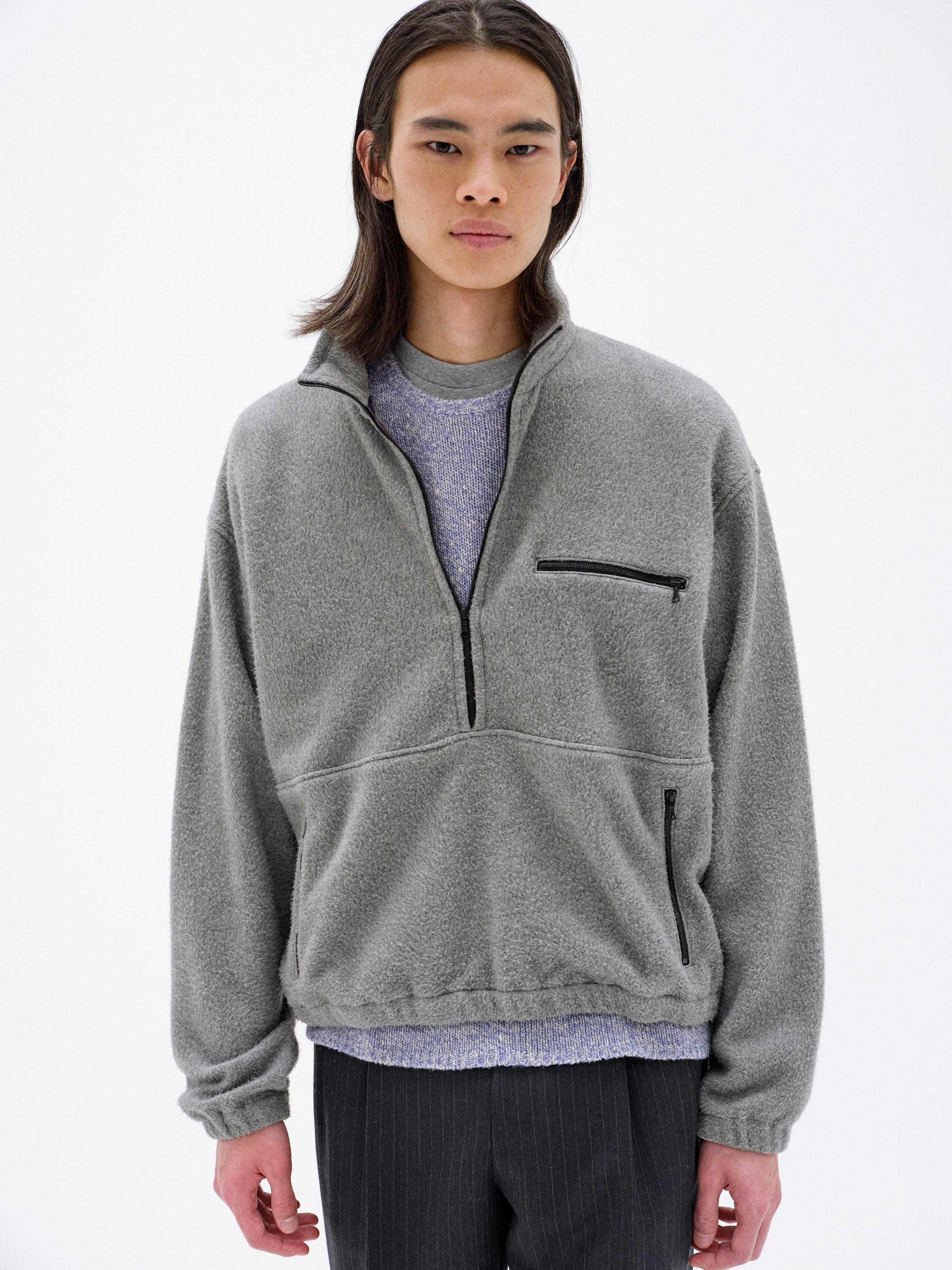 トップス PURE SILK COMFORT FLEECE HALF ZIP P/O Auralee Pure Silk Comfort Fleece Half Zip P/O - Top Gray – Totem