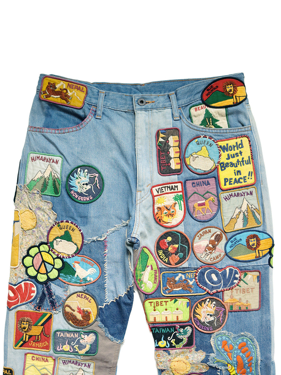 Kapital 12.5oz Denim 5P Rat Flare Patch Pants (BEAUTIFUL WORLD